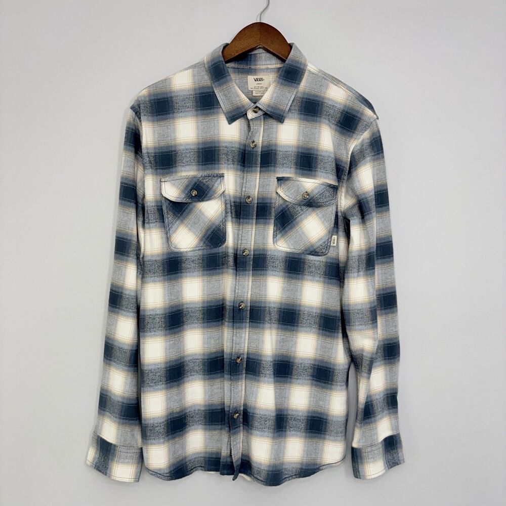 Vans Plaid Flannel Shirt Mens L Blue Beige Cotton Skate Button Up Tailored Fit